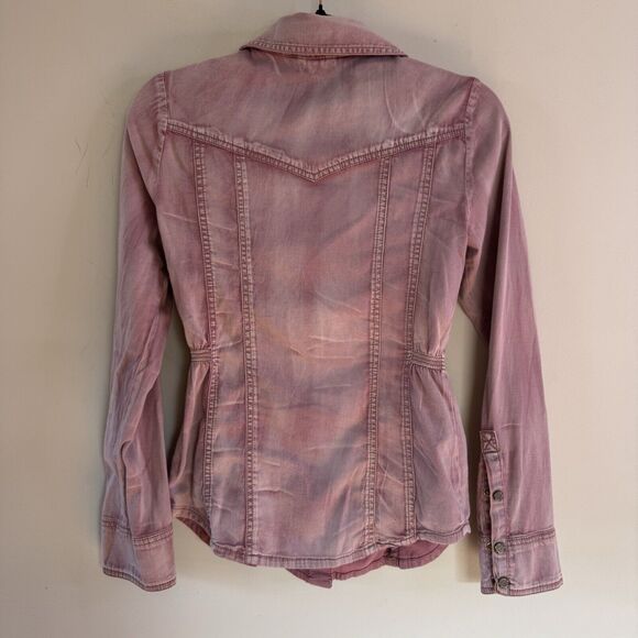 GUESS Pink Distressed Jacket Snap Front Shirt Jacket Cinched Grunge Fairy Y2K s - Picture 2 of 9
